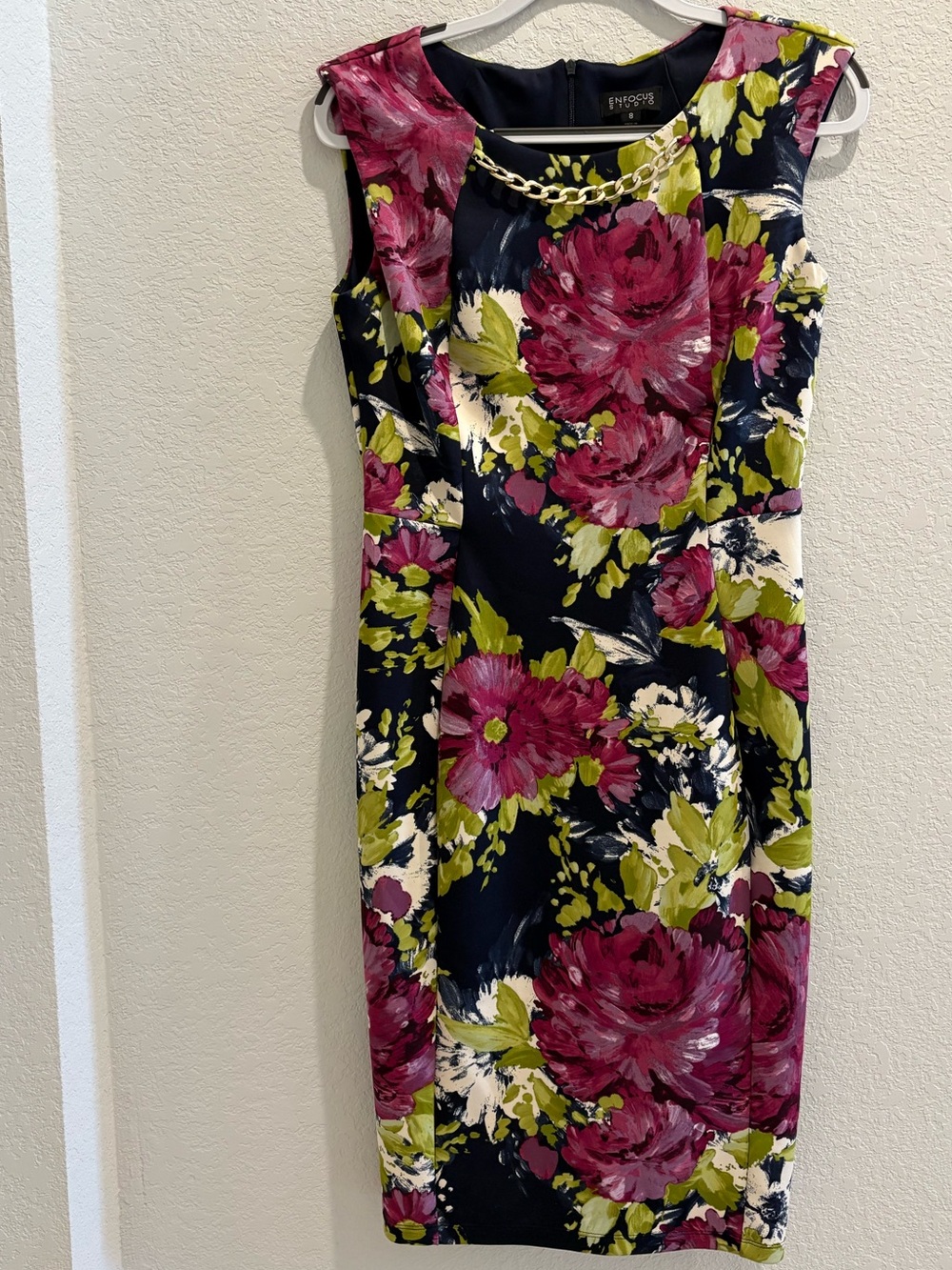 Enfocus Studio Navy Sheath Dress with Pink Floral & Lime Accents